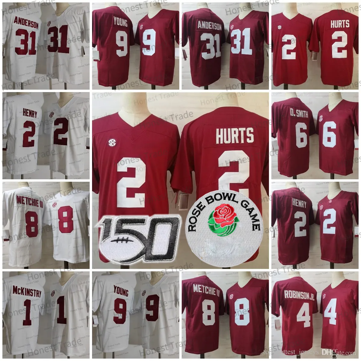 Voetbalshirts NCAA 31 Anderson Jersey 9 Young Hurts 2 Derrick Henry 1 McKinstry 8 John Metchie III 4 Robinson JR. Rood Wit Alabama Karmozijnrood