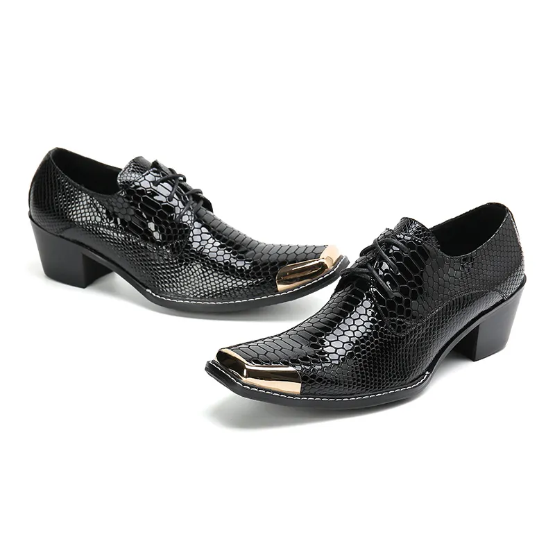 Italian Style Handmade Men's Black Genuine Leather Dress Shoes with Gold  Metal Head Lace-Up Wedge Heel