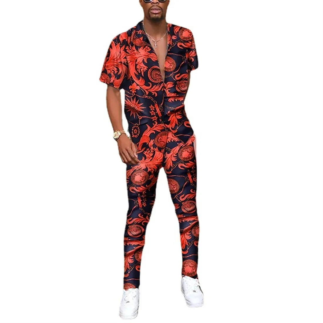 2022 Summer Printed Shirt Tracksuits For Mens Short Sleeve Cardigan Button Lapel Shirts and Casual Pants 2 Piece Set Al653617079461