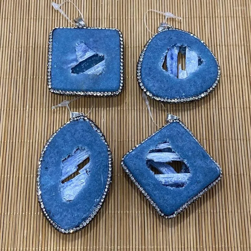 Charms 1pc Square Oval Natural Stone Crystal Pendant Blue Hollow Sea Heart Shining Rhinestones DIY Jewelry Making Accessories 40-70mm