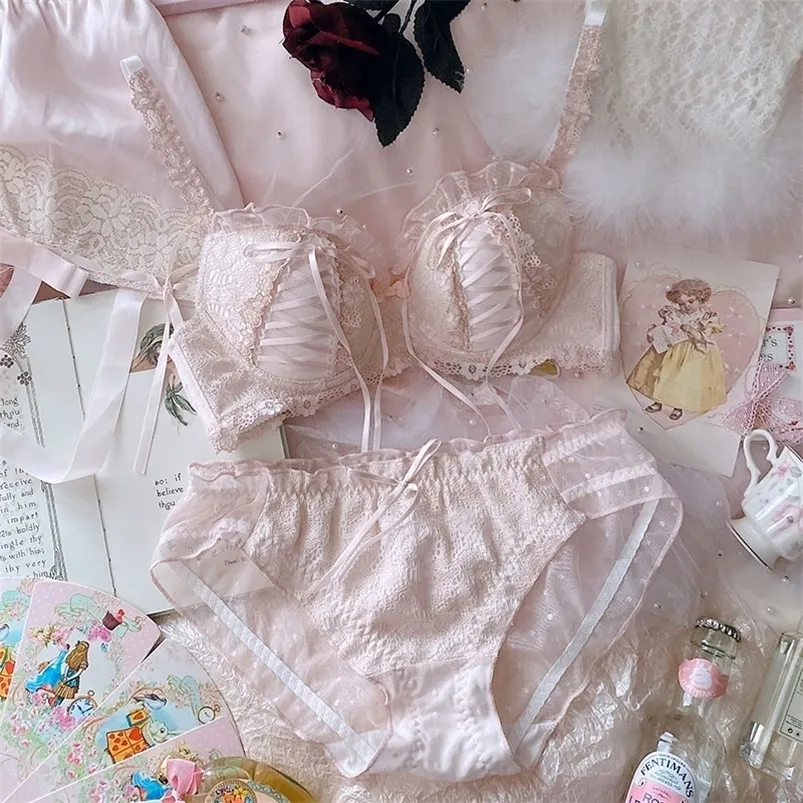 Bras sätter söta lolita underkläder spets japanska kvinnor flickor rosa fjäril underkläder och trosa kawaii cup upp 221010