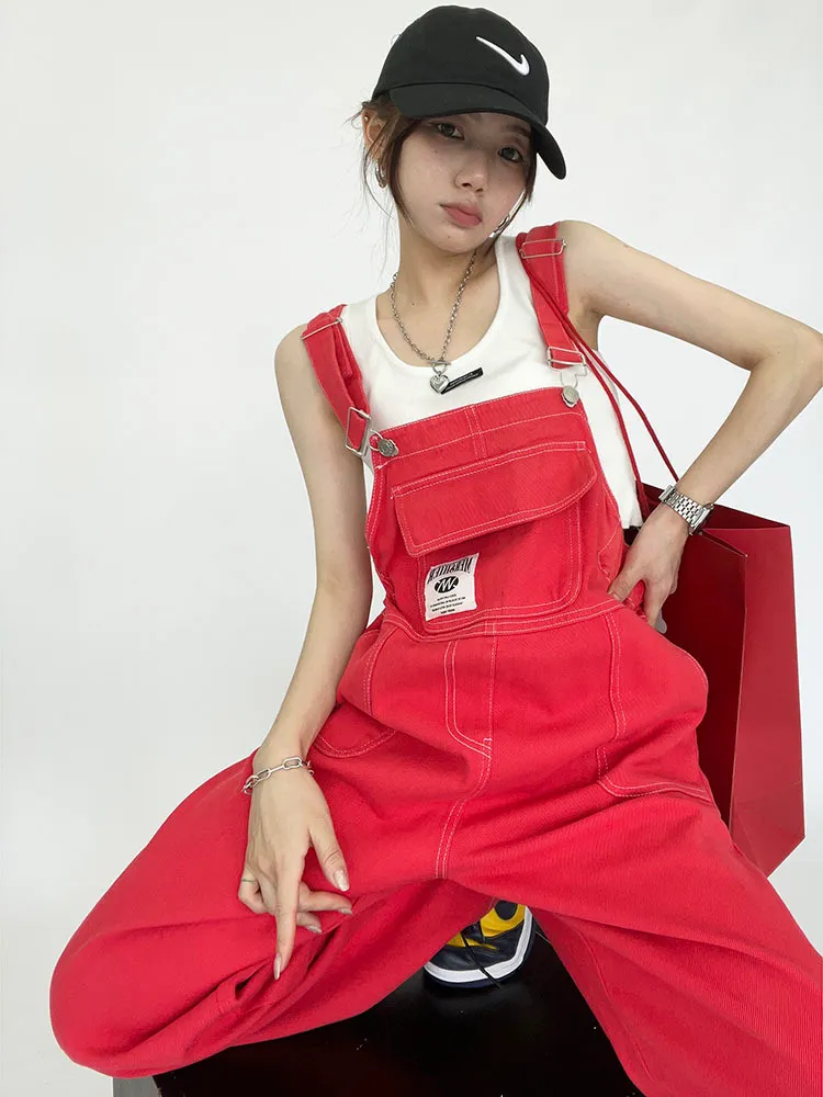 Women's Jeans Red Streetwear Denim Suspenders Pant Summer Loose Wide Leg Cool Salt Net Fried Street 221011