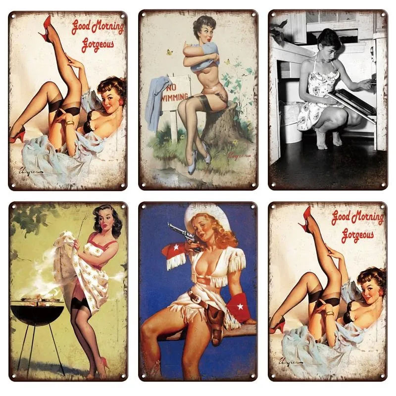 Vintage Sexy Pin up Girl Shower Poster Metal Painting Tin Sign Retro Man Cave wall Arts Poster Tin Plate Chic Bathroom Signs Home Bed Room Wall Decor size 30X20cm