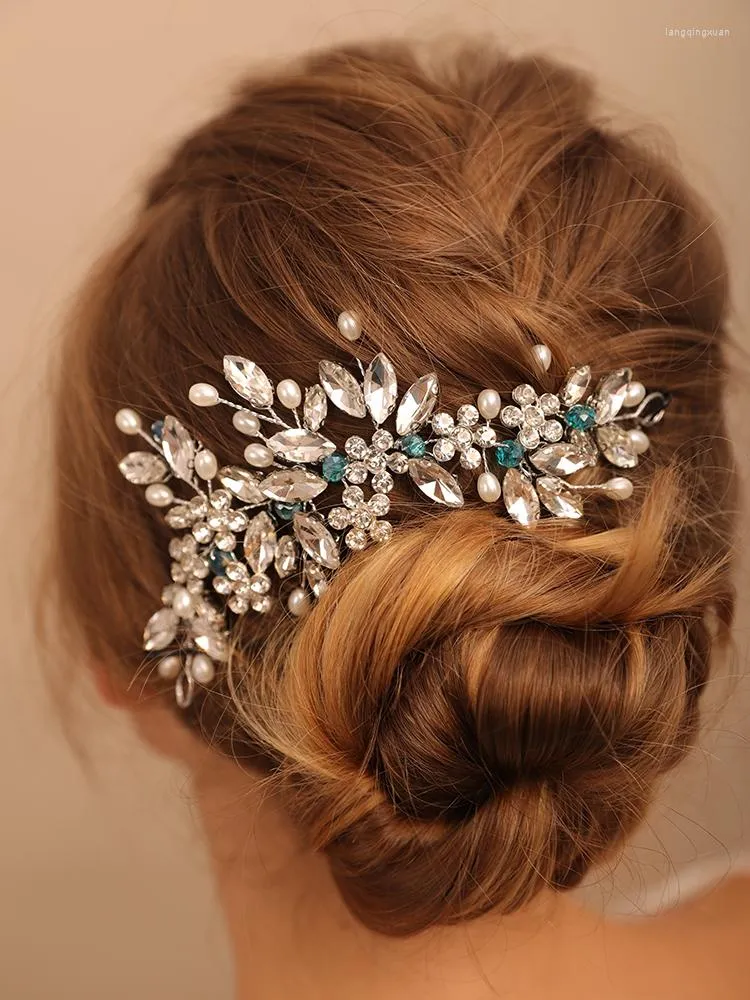 Başlıklar Moda Mavi Kristal Gümüş Rhinestone Gelin Saç Takı El Yapımı Kafa Bantları Gelin Headdress için Düğün Aksesuarları