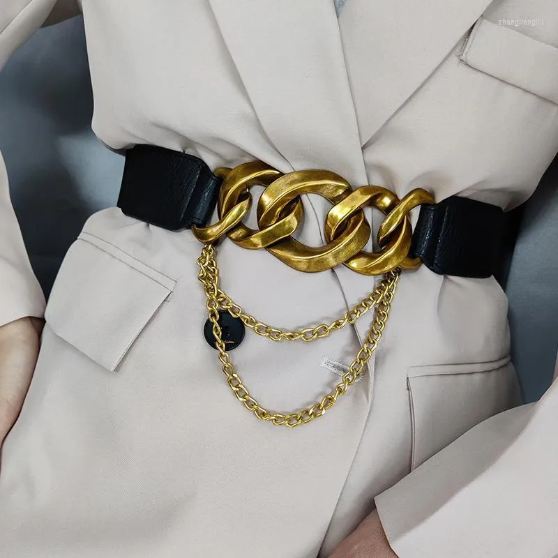 B￤lten Tassel Vintage Gold Chain Belt Kvinnlig midja Elastisk f￶r kvinnor h￶g kvalitet l￥ng str￤cka cummerbunds bred korsett midjebandb￤lten