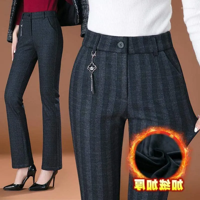 Women's Pants 2022 Winter Warm Velvet Women Plaid Full Length High Waist Fitness Trousers With Pocket Plus Size Clothes 6XL Streetwear