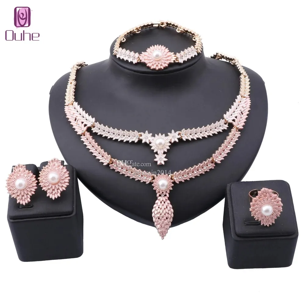 Luxury Dubai Gold Color Simulated Pearl Jewelry Sets Fashion Wedding African Beads Costume Necklace Earring Ring