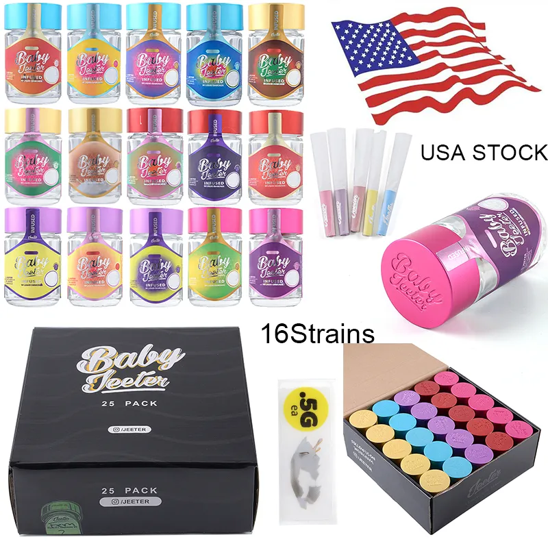 USA Warehouse e-Cig Accessories Baby Jeeter Infused Pre Rolls Glass Jars Wax Containers 0.5g Dry Herb Storages Empty Glass Bottle with Paper 16Strains