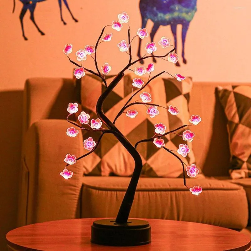 Lampade da tavolo Lampada da albero Led Luce calda Fiori di ciliegio Rame Piccola decorazione da scrivania