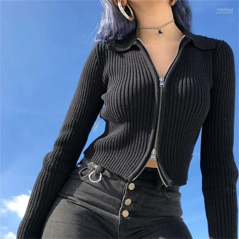 Kvinnors tröjor Kvinnor Wool Cardigan Double Zipper långärmad topp Hög elastisk randhöst och vintertröja mode