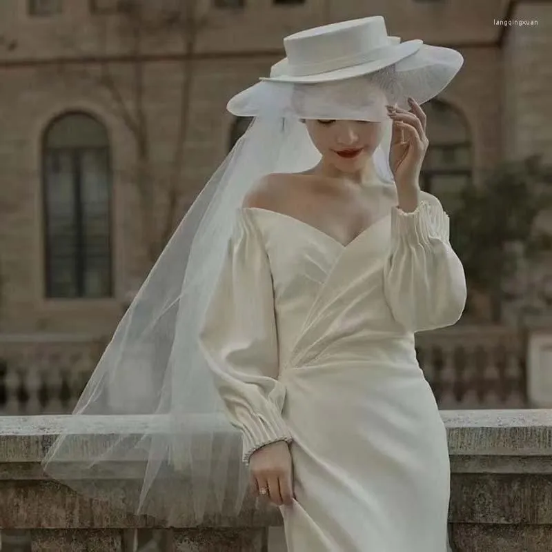 Coiffes Blanc Double Couche Satin Femmes Chapeau Haut De Forme Avec Arc Mariée Soleil Voiles Velo De Novia Noce De Noce Accessoire Cheveux