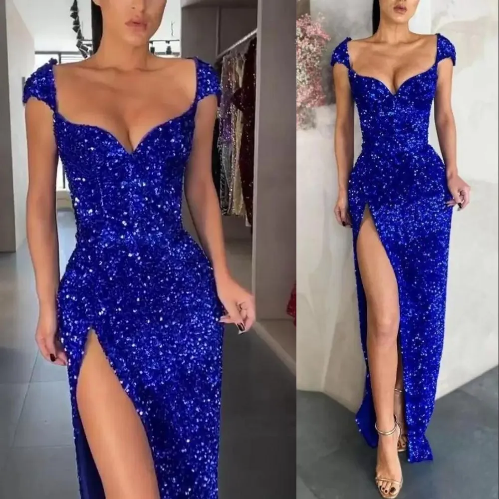 2022 Mermaid Prom Dresses Sexy Royal Blue Arabic Aso Ebi Sequined Lace Sequins Beaded Evening Cap Sleeves Formal Party Gowns Side Split