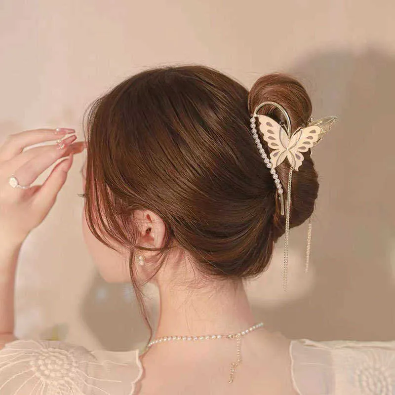 Haarspangen im chinesischen Stil, Perlenschmetterling, großer Clip für Herbst, fortgeschrittene Haarnadel mit mehr Haaren am Hinterkopf und Quastenhai