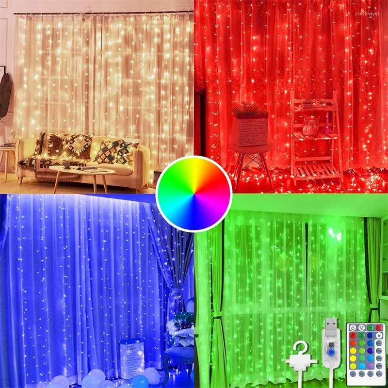 Str￤ngar 3m16 f￤rger som byter RGB saga gardinljus med avl￤gsen utomhusbakgrund h￤ngande str￤ngljus f￶r sovrums juldekoration