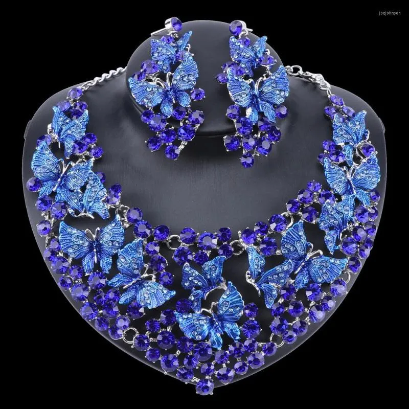 Kolye küpeler set moda takı mavi kristal rhinestone kadınlar için dubai gelin düğün mücevher gümüş renk