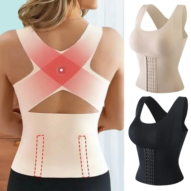 Modelador de barriga feminino 3 em 1 Modelador corporal Corretor de postura Roupa íntima com controle nas costas Sutiã push up colete regata fino Espartilho 221011