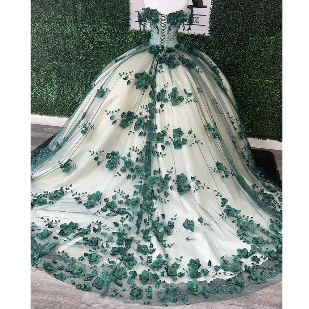 Szmaragd zielony na ramię Quinceanera sukienka księżniczka vestidos de xv anos 3d kwiaty koronkowe kryształowy bal