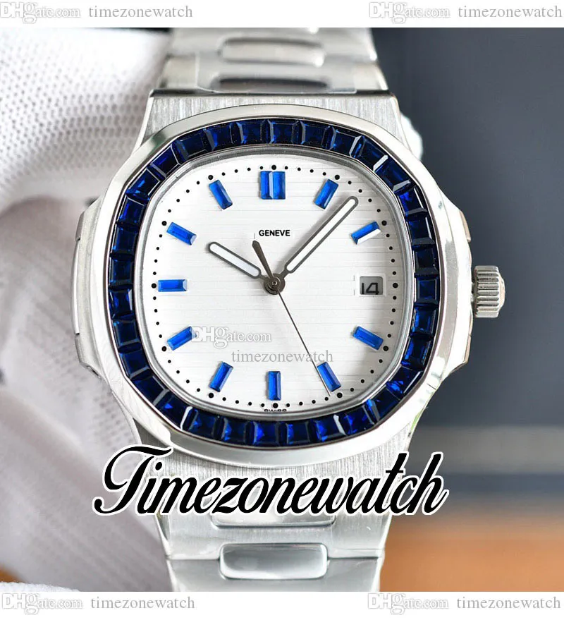 40mm 5711 Otomatik Erkekler İzle Beyaz Doku Dikdörtgen Dikdörtgen Mavi Taşlar Çerçeve Diamond Çerçeve Paslanmaz Çelik Bilezik Spor Saatleri TimezoneWatch E234C4