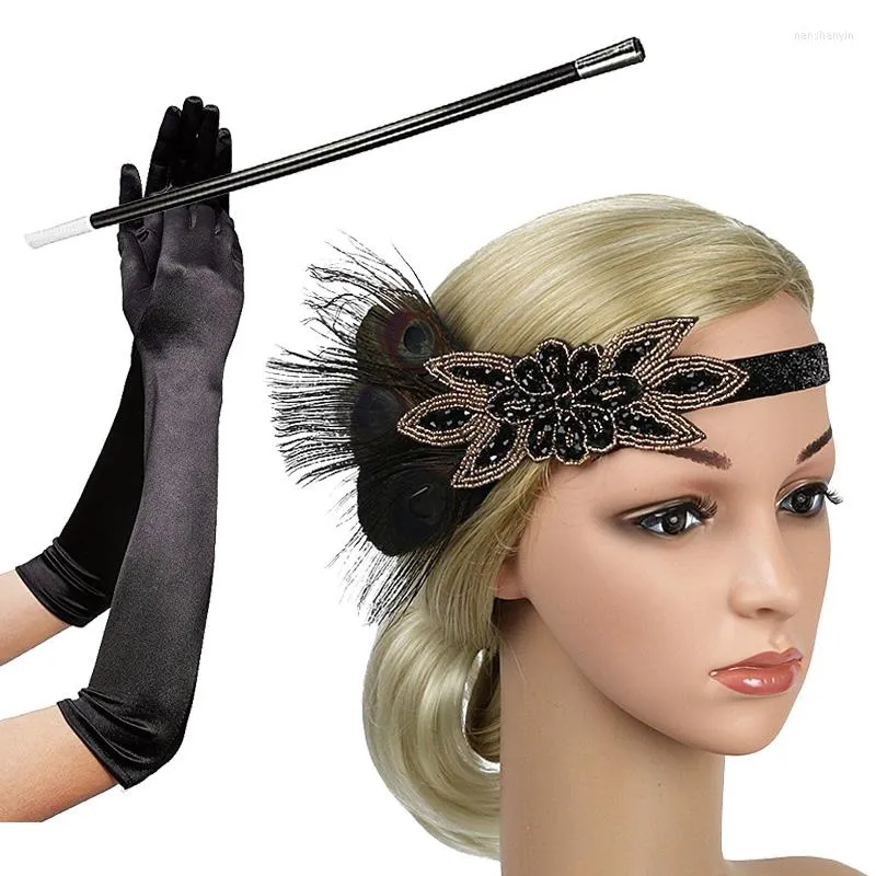 Suministros de fiesta para mujer, conjunto de accesorios de disfraz de Great Gatsby, diadema de plumas Flapper de los años 20, guantes, soporte para cigarrillos, paquete de 3