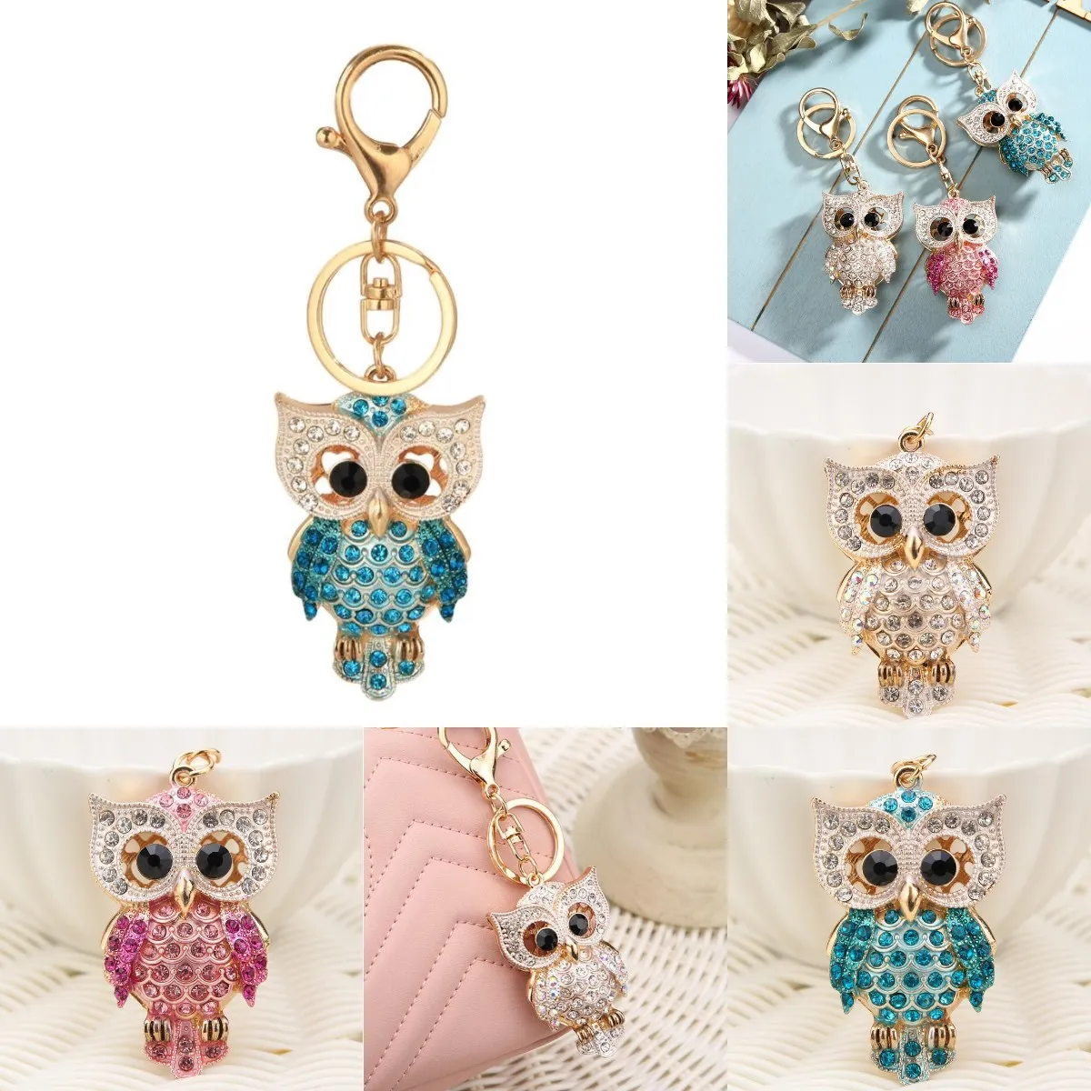 Moda Big Crystal Owl Keychain Shinestone Tinket Key Rings Women Holder Bag Acess￳rios pendentes de animais Cadeia