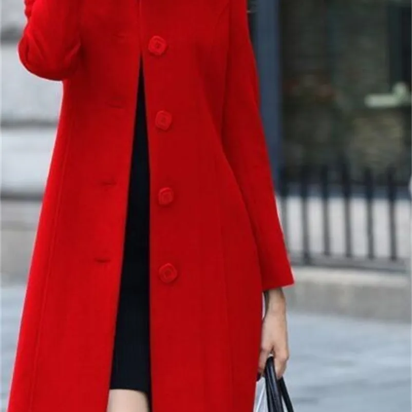 مزيج من الصوف النسائي 1pcs/Lot Luxury Style Wool Coat Autumn Winter Middle-Length Slim Breaded Slim Slid Woolen Overcoat Red Blue Black 221010