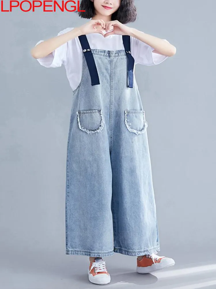 Kvinnors jeans höga midja denim Bib Women Thin Korean Pants ser lös bred ben nio poäng overaller jumpsuit streetwear sommar 221011