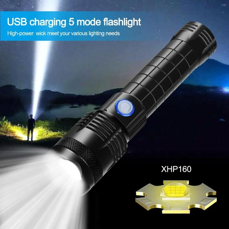 Torchas de linternas 50W XHP160 Fuerte Luz USB Carga 5 Modos T￡cticos Zoomables Recargables Camping Lanterna Lanterna