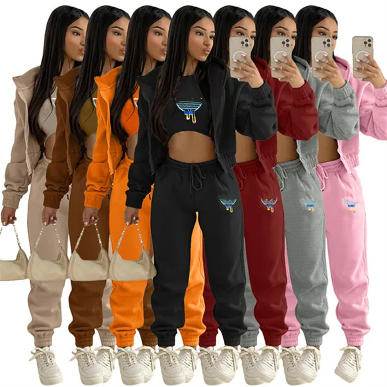 Mujeres de manga larga con capucha chaleco conjunto de 3 piezas diseñador chándales chaqueta con cremallera pantalones trajes jogging traje deportivo moda letra impresión ropa deportiva k10445