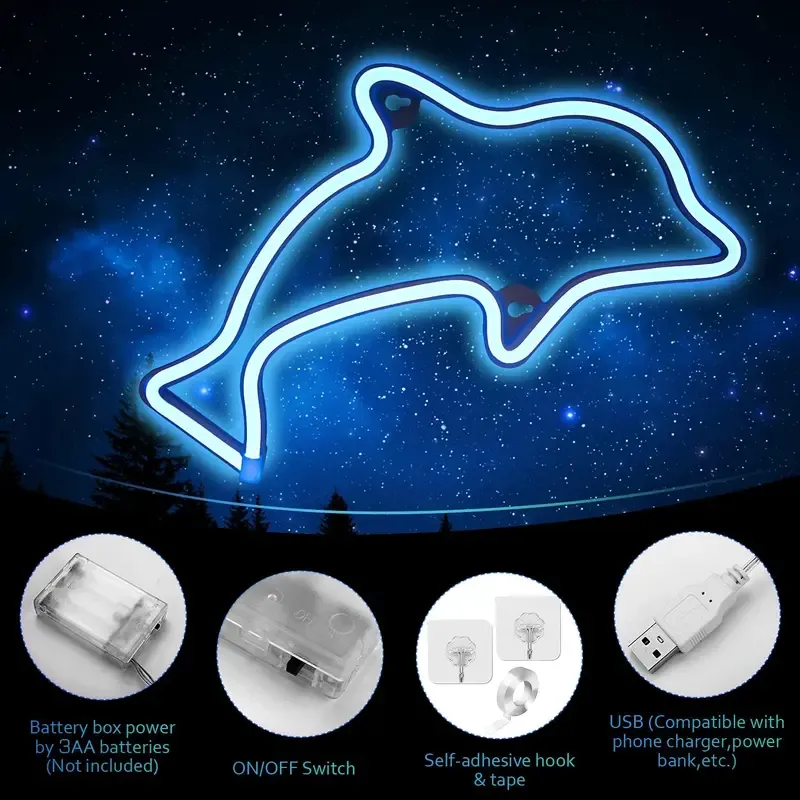 Night Lights Dolphin Neon Sign Splaks LED Neon Signs for Wall Decor USB or Battery Powered Neon Night Light for Bedroom