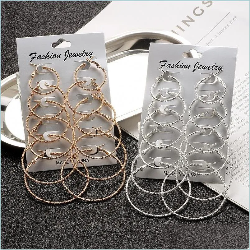 Hoop Huggie 6Pairs / 12Pairs Punk Hoop Boucles d'oreilles Set pour femmes filles Steampunk Ear Clip Or Sier Couleur Big Circle Boucle d'oreille Mode J Dhpdj