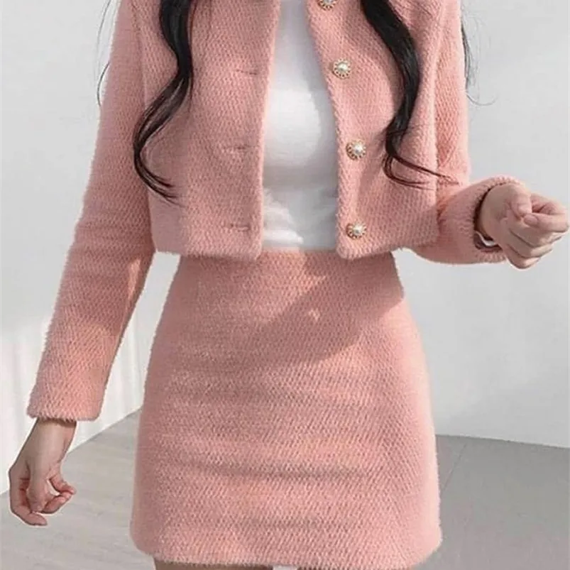 Tvådelklänning Autumn Winter Korean Fashion Sweet Women's Suits With Mini Kjol Två stycken Set Woman Casual Elegant Tweed 221010