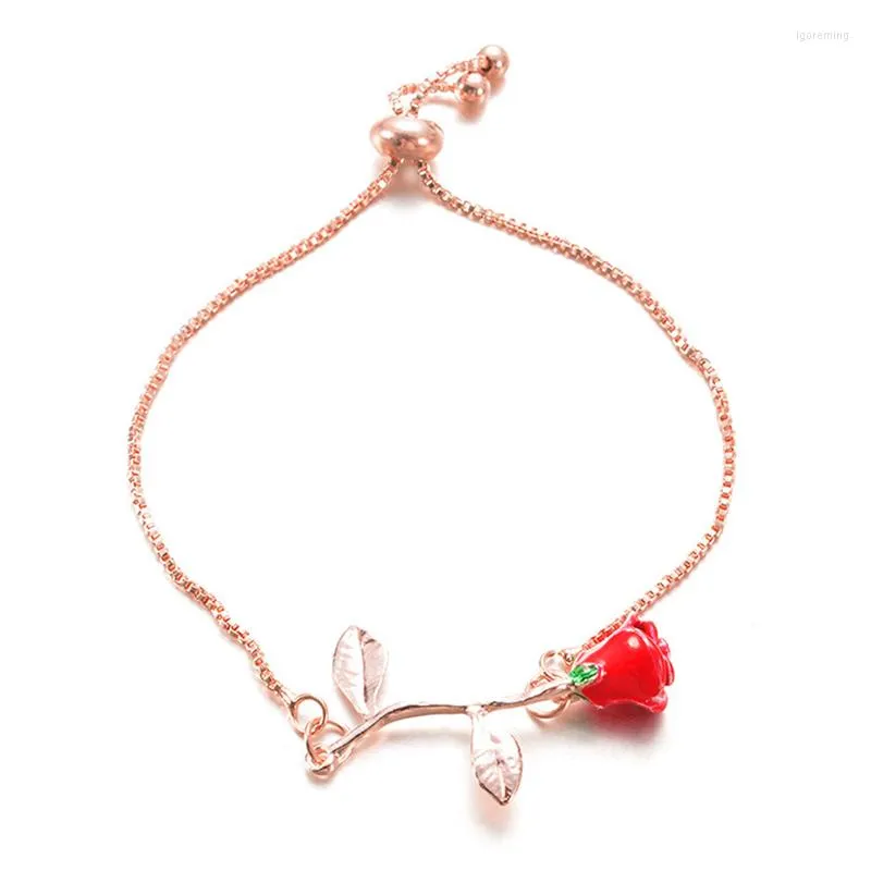 L￤nkarmband Romantiska valentinsdag Rose Flower Armband Elegant Women's Gold Hand Chain Accessories Fashion Girl Party Jewelry