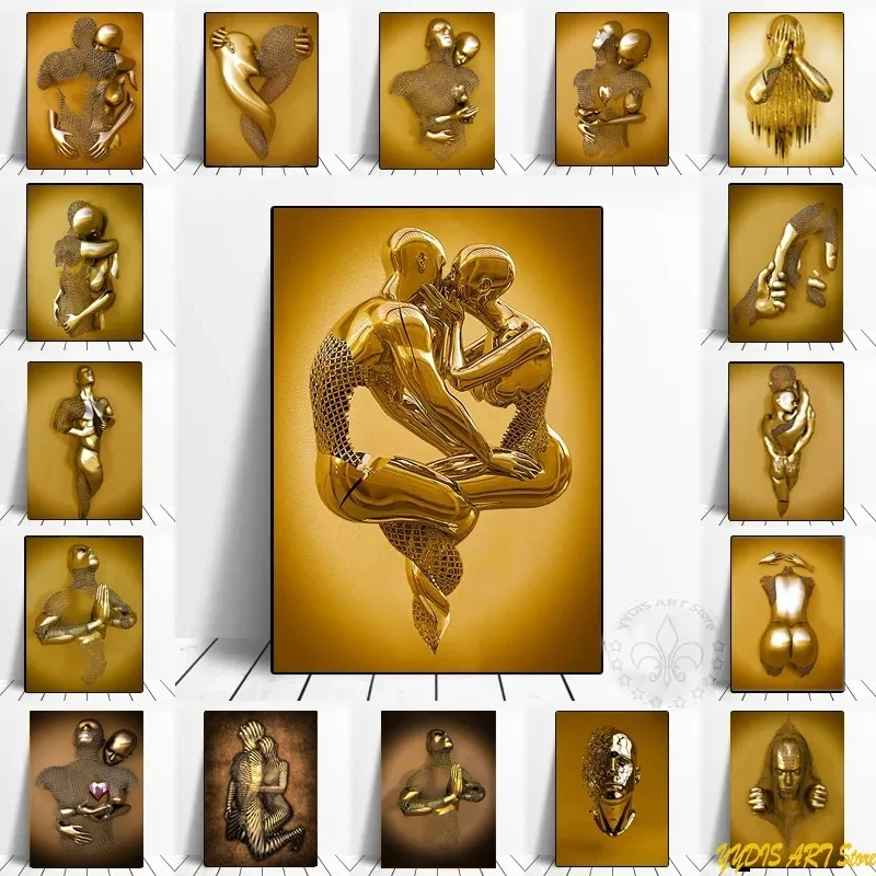 Duk målning abstrakt guldmetallfigur staty duk målningar romantisk älskare skulptur affisch tryck väggkonst bild rum hem dekor cuadros akvarell