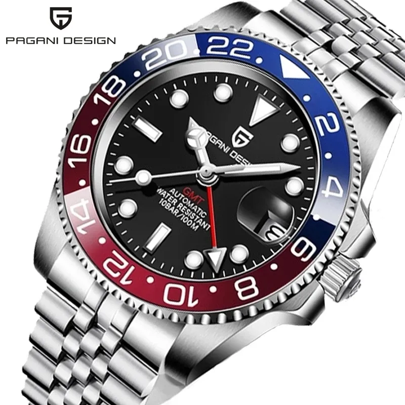 Wristwatches PAGANI DESIGN Luxury Men GMT Automatic Machinery Watch 40MM Ceramic Bezel Jubilee Strap Sapphire 100M Waterproof Clock 221012