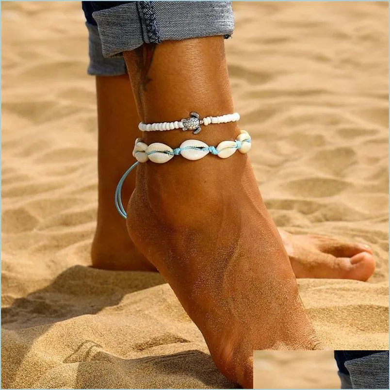 Anklets Fashion Blue Rope Shell Anklets For Women Vintage Beads Turtle Charm Anklet Bohemian Bracelets On Leg Chain Summer Beach Jew Dhqxp