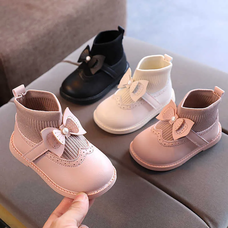 Stövlar Nya 2022 Autumn Children's Shoes Girls Soft Leather Ankle Fashion Cute Bow Baby Princess High Top Sneakers andningsbara Y2210