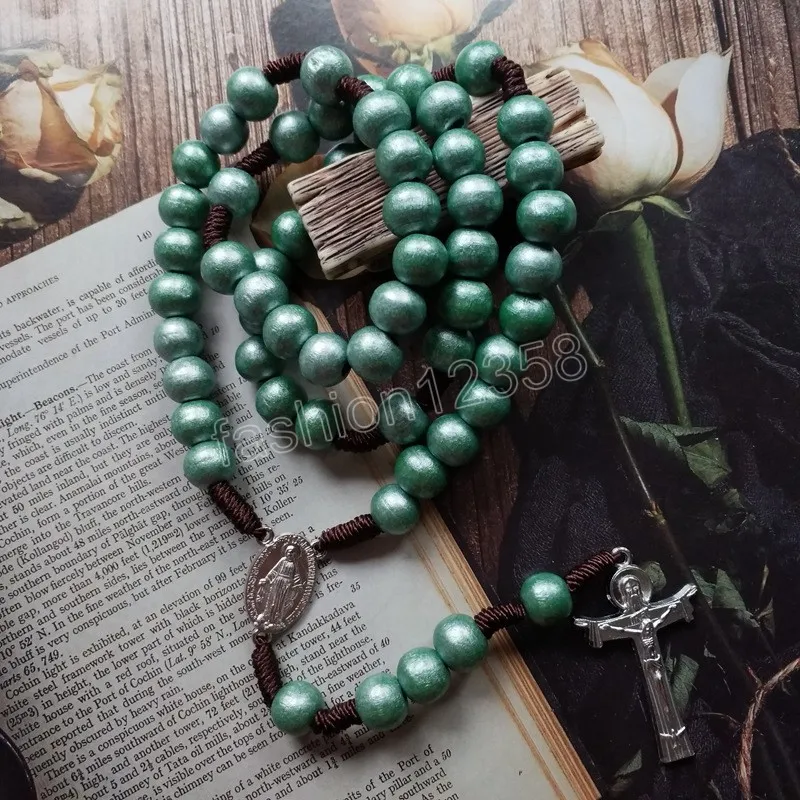 Collana con filo verde Legno Gesù Croce Rosario Vergine Cattolico Religioso Pregate Gioielli uomo Donna