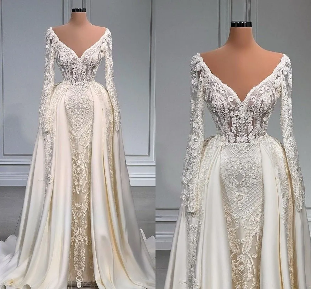 Sirène élégante 2023 robes de mariée robe nuptiale manches longues V couche dentelle applique plage overskirt satin Sweep Train sur mesure Vestidos de Novia plus taille Estidos