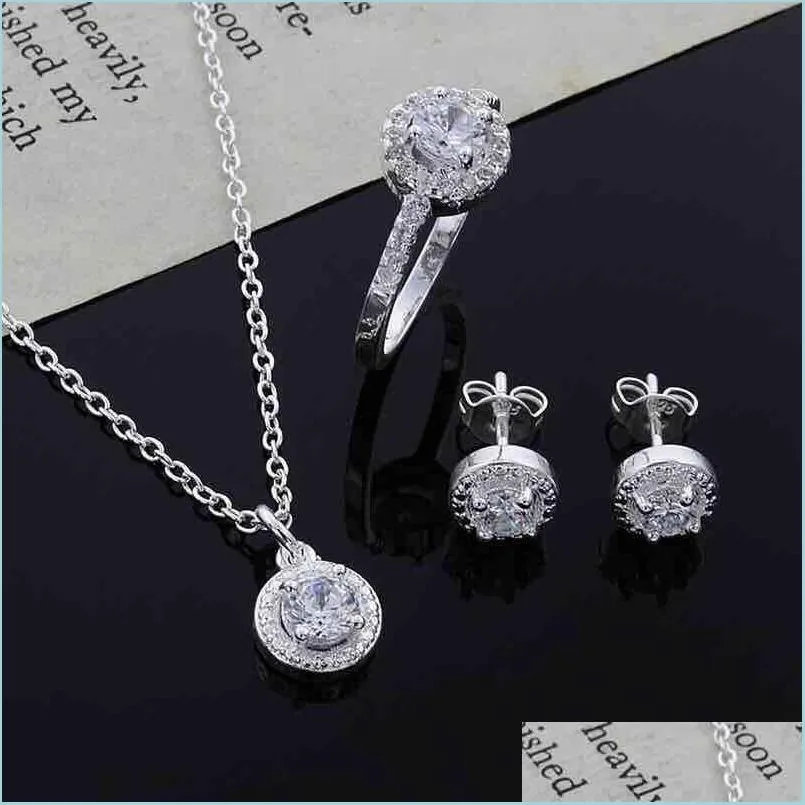 مجموعات مجوهرات أخرى 3pcs ملحقات المجوهرات Zircon مجموعات بلورية مطلية Sier Necklace Ring Suct