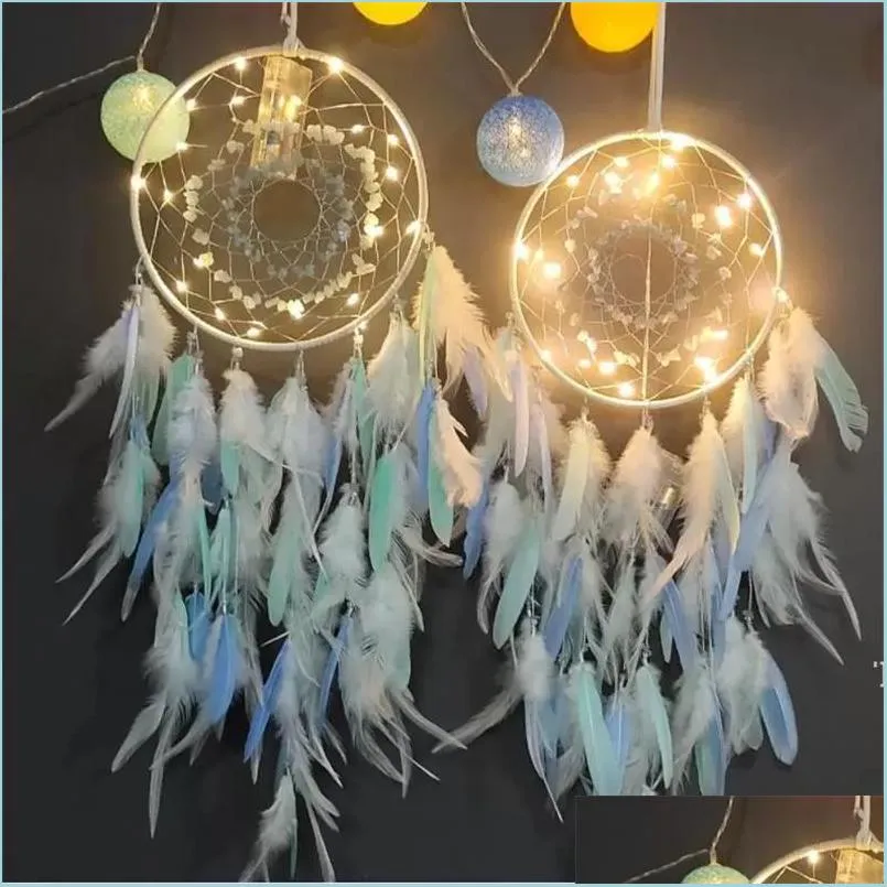 Kunst- en ambachten Arts Crafts Dream Catcher With Lights Handmade Wall Hangende Decor ornamenten Craft voor meisjes slaapkamer auto colorf veren dhok4