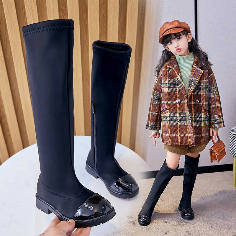 Boots Girls Fashion Cloth Fabric Cotton Warm Thick Autumn Winter Children Knee-high Long Black Kids 23-37 Chic Y2210