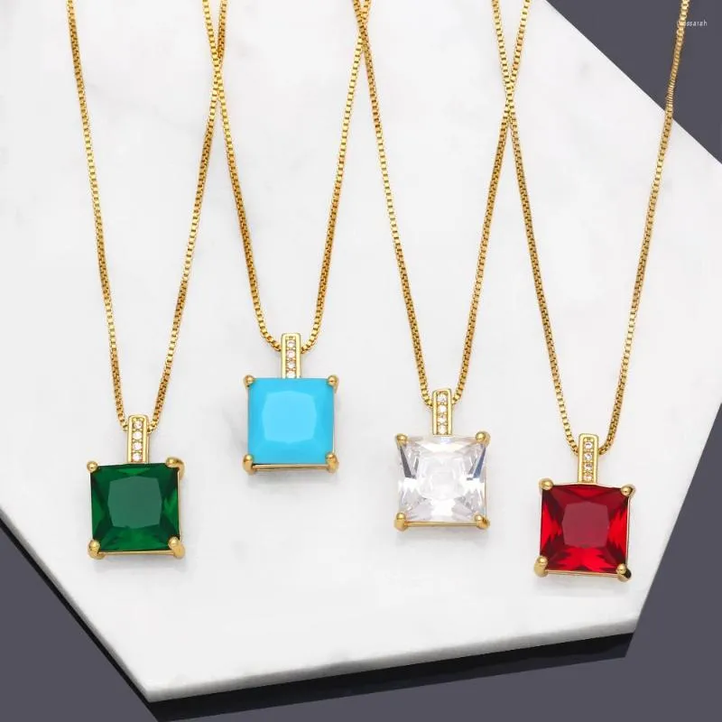 Pendant Necklaces FLOLA Colorful Geometric Crystal Necklace For Women Copper Zircon Gold Plated Box Chain Simple Jewelry Nkeb356