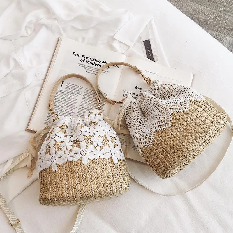 Evening Bags 2022 Fashion Bucket Bag Fairy Rattan Beach Women's Hand Messenger Lace Straw Woman Handbag Shoulder Satchels