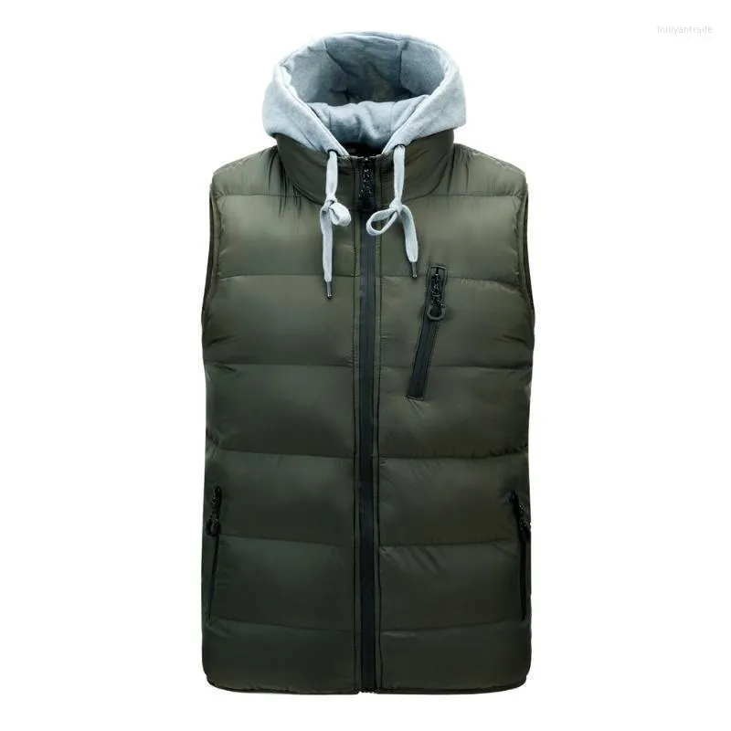 Herenvesten herenmerk mode mode mannen patchwork vest lagen hoed afneembaar katoenen gekoeikte man herfst winter waastcoat mouwloze jas