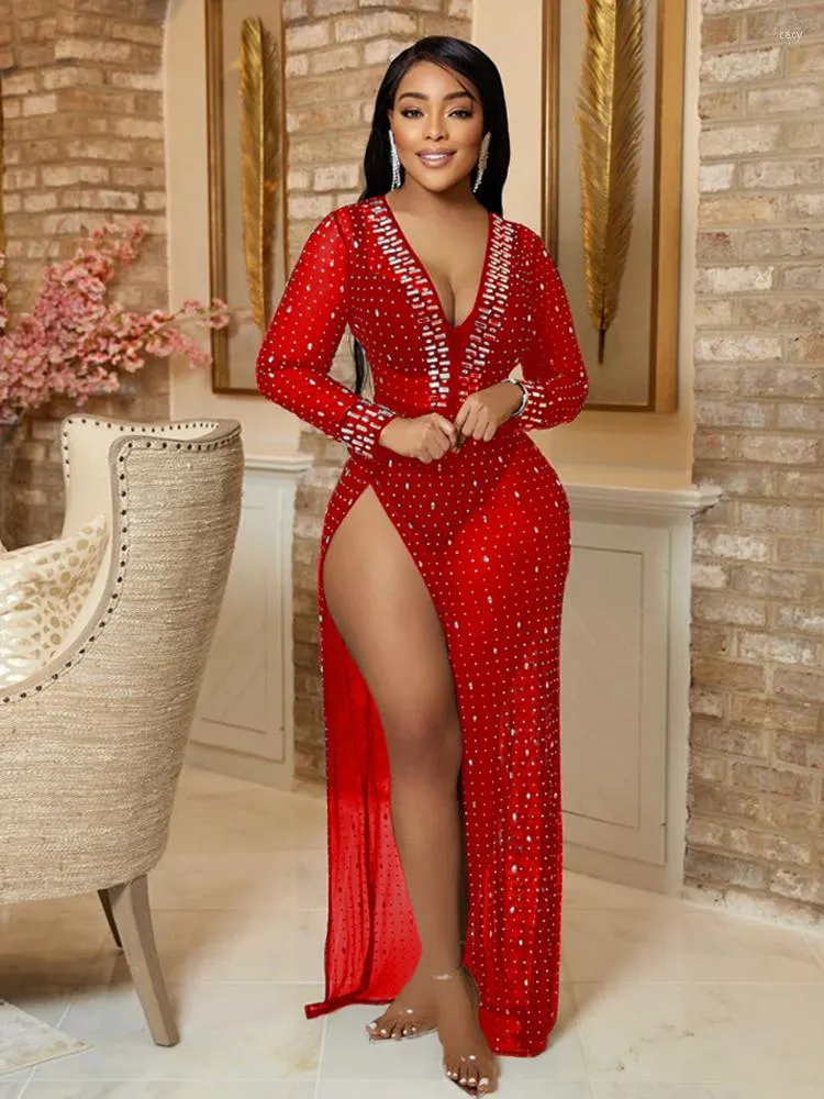 Vestido de malha de diamante casual de duas peças de duas peças para mulheres, decote em V para mulheres, decote em V Long Slave Late Split maxi vestidos maxi