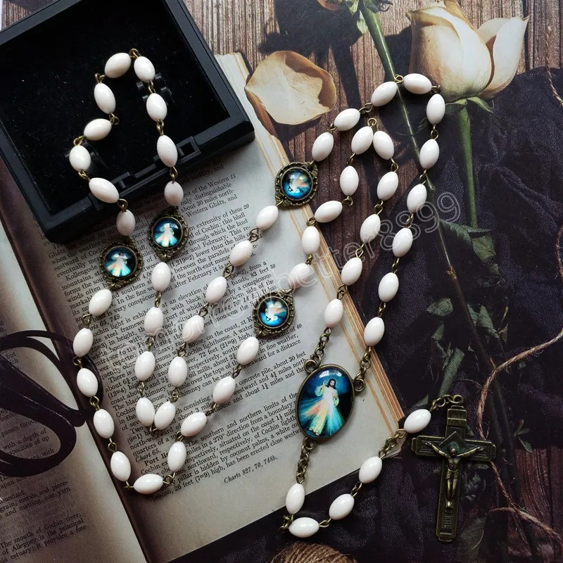 Белые оливковые бусины стеклянные розарии винтажное подвесное ожерелье для женщин, мужчины, католические украшения