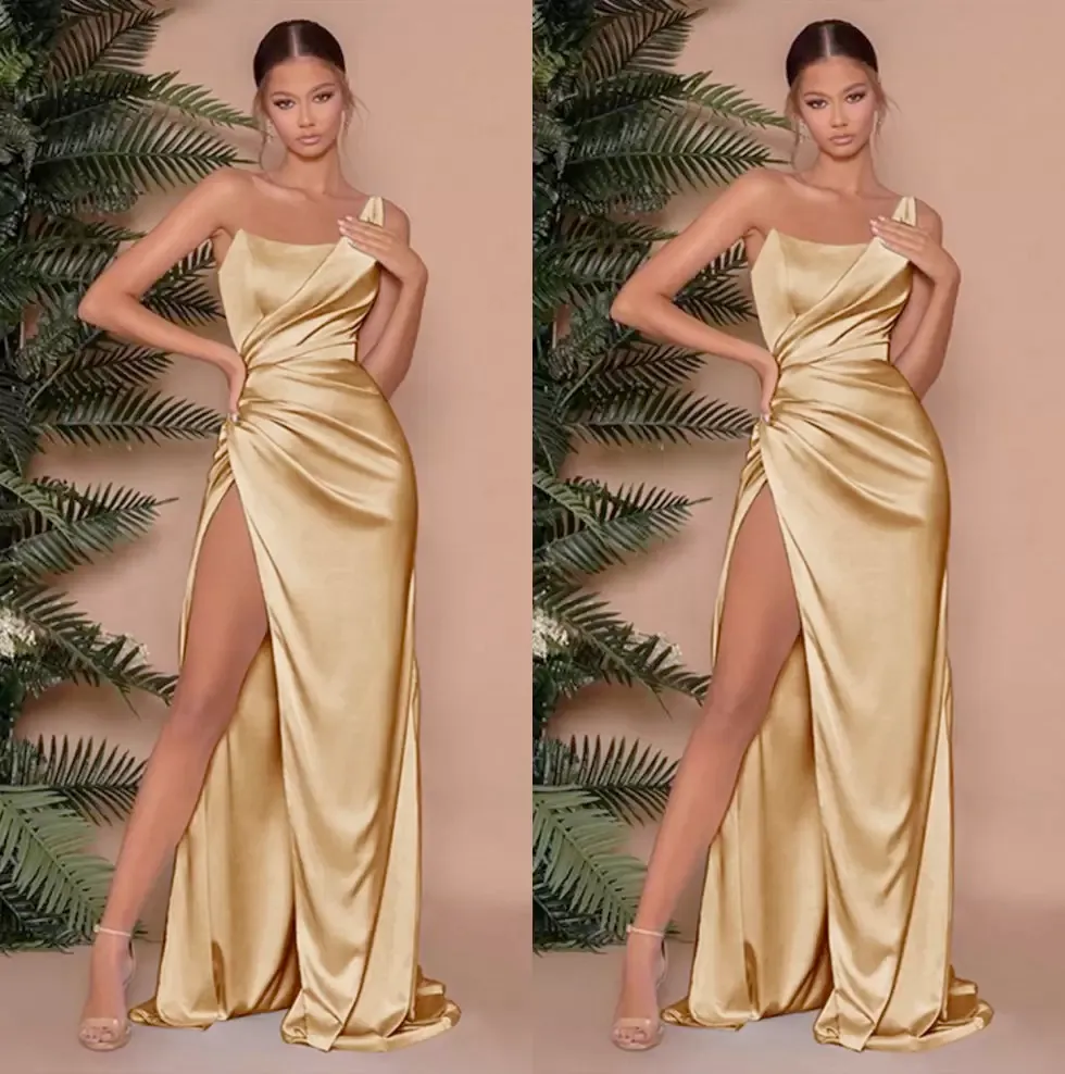 New Gold One Shoulder Satin Long Bridesmaid Dresses 2023 Ruched
