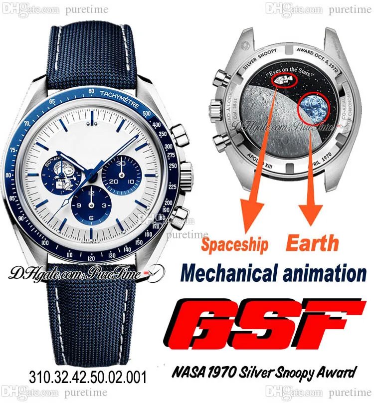 GSF Moonwatch A7750 Automatic Chronograp Herrklocka Silver Snoop Award 50-årsjubileum White Dial Blue Nylon tygrem Real Mechanical Animation Puretime