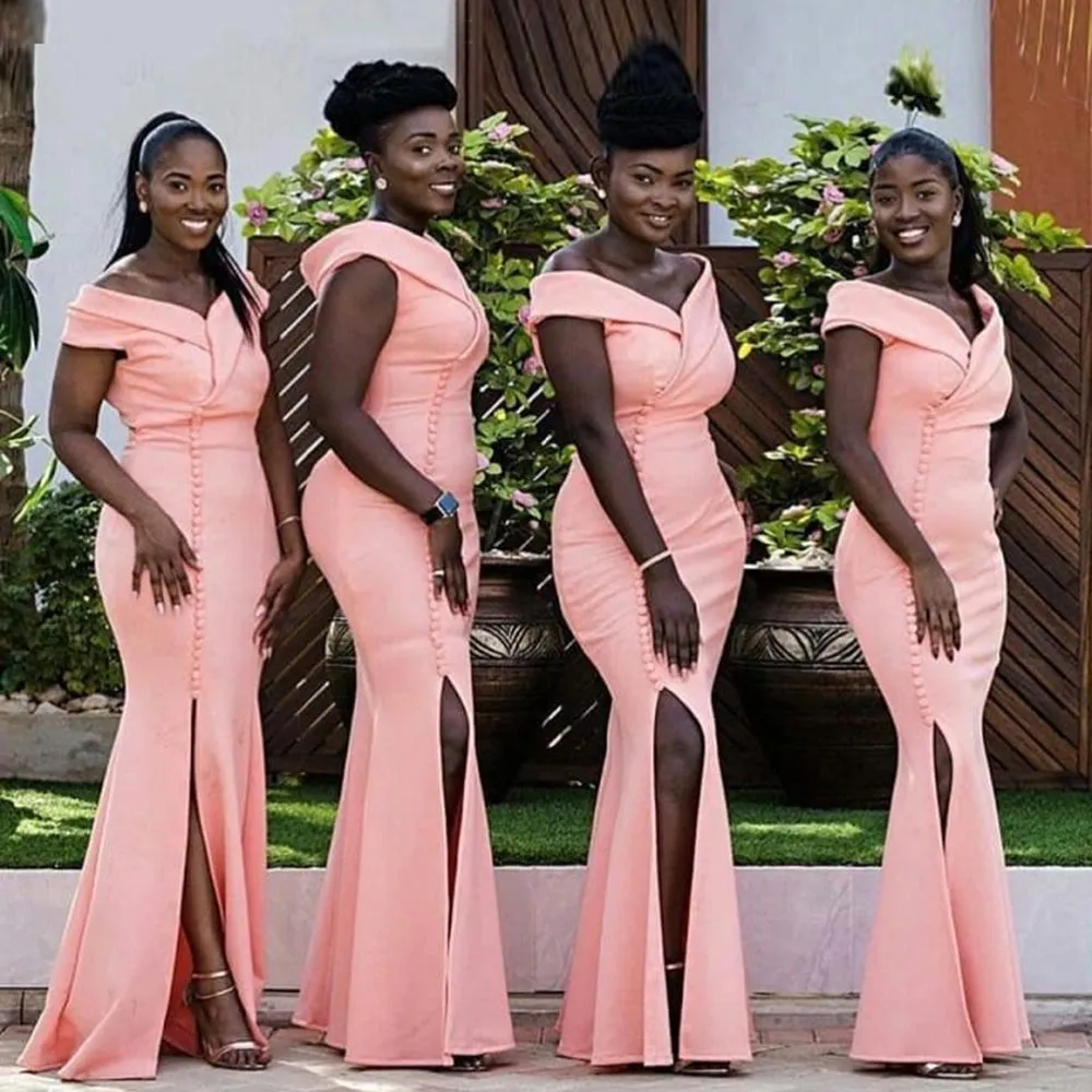 2023 African Bridesmaid Dresses Off Shoulder Pink Satin Plus Size Mermaid Floor Length Maid Of Honor Gowns Wedding Guest Dress Side Split