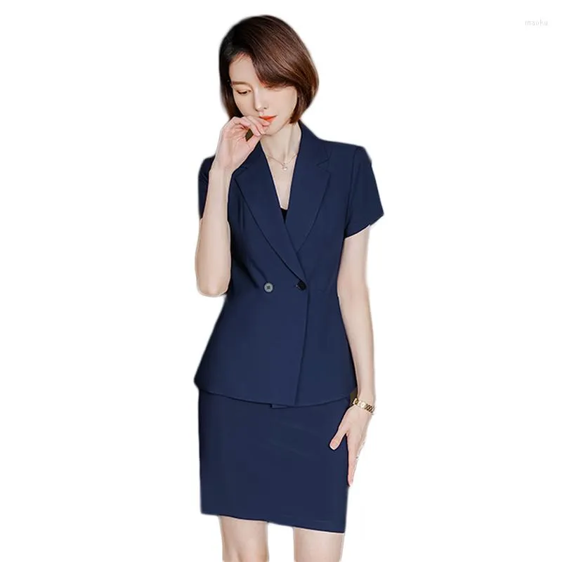 Costumes pour femmes mode Blazer noir femmes jupe et veste ensemble à manches courtes été dames travail bureau d'affaires Styles uniformes